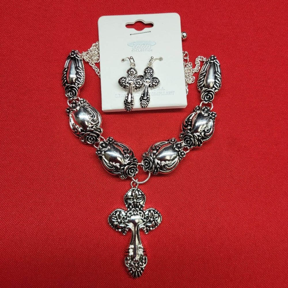 Icon Collection Silver Tone Cross Necklace & Earrings Set